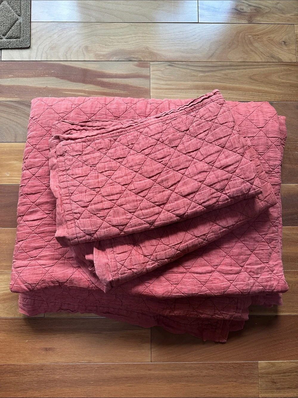 Pottery Barn Belgian Flax Linen King Diamond Quilt SET Auburn 3pcs
